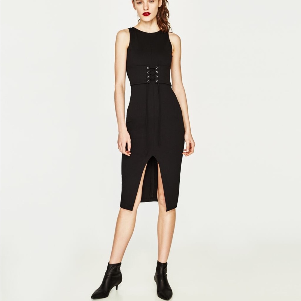 NWT Zara Laced Corset Waist MIDI Dress with Slit Black XS NEW $59